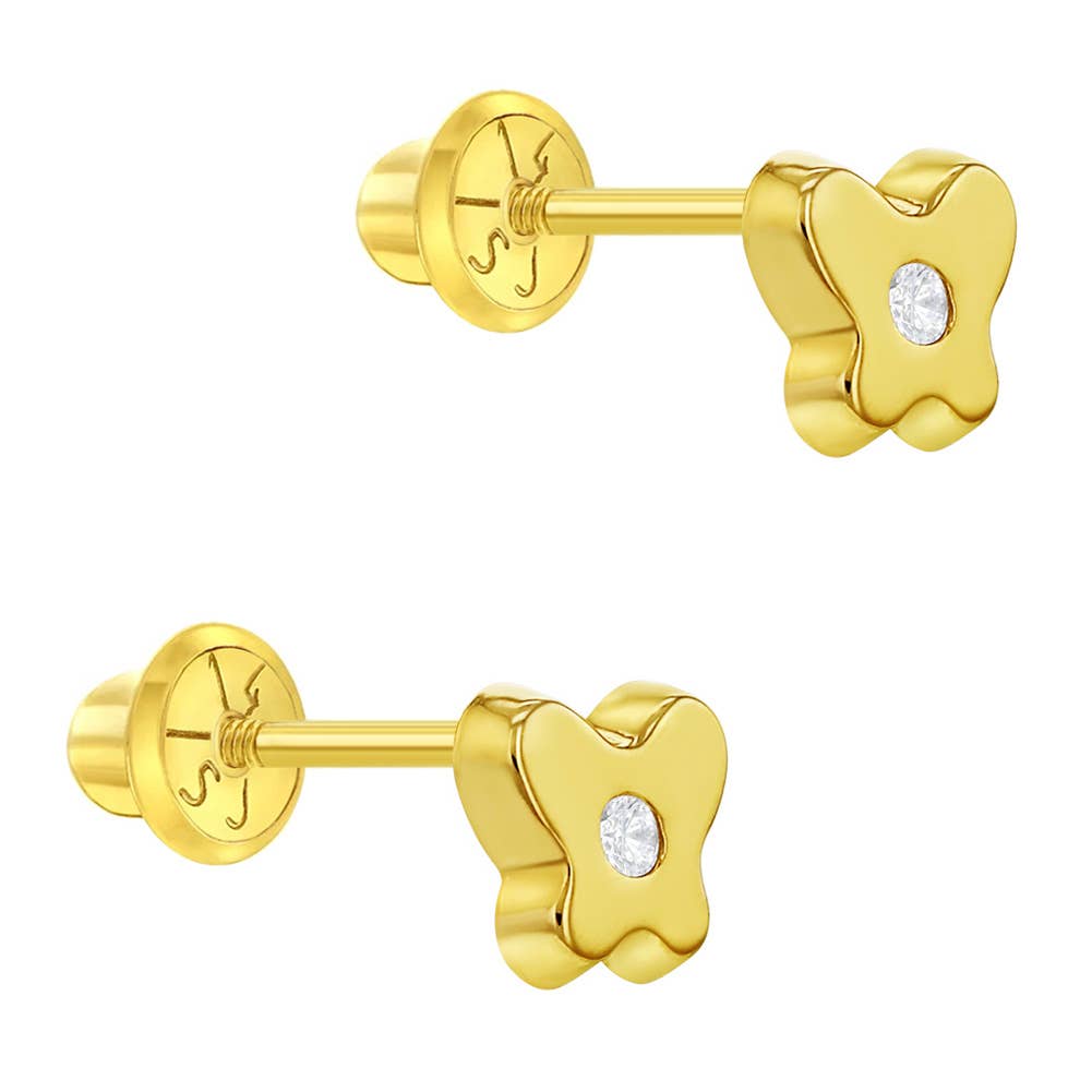 14k Gold Classic CZ Butterfly Baby / Toddler / Kids Earrings