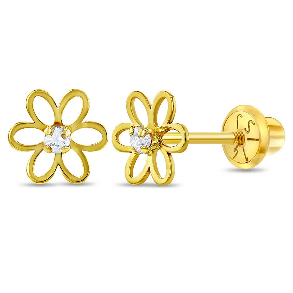 14k Gold Open CZ Flower Baby / Toddler / Kids Earrings