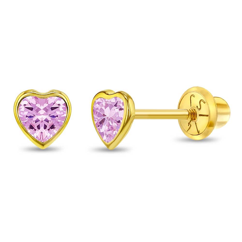 14k Gold Bezel CZ Heart Baby / Toddler / Kids Earrings