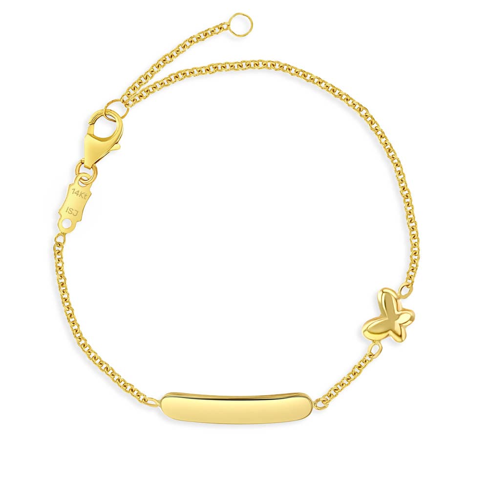 14k Gold 5"- 6" Engravable Puffed Butterfly Girls Bracelet