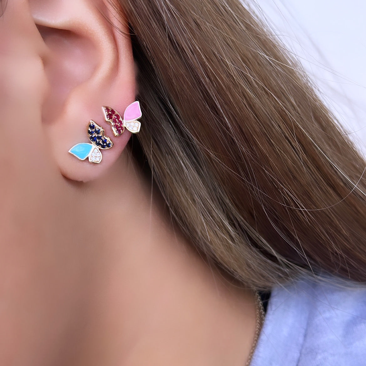 14k Yellow Gold Diamond Pink Enamel Ruby Butterfly Studs