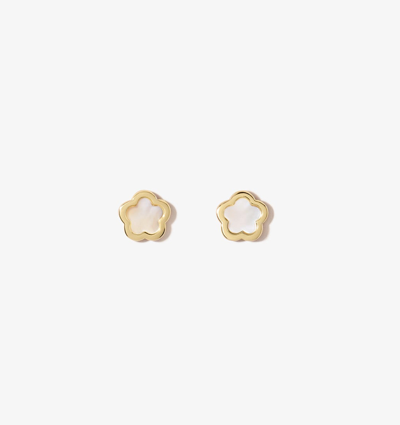 14k Gold Diamond Mother of Pearl Enamel Flower Studs