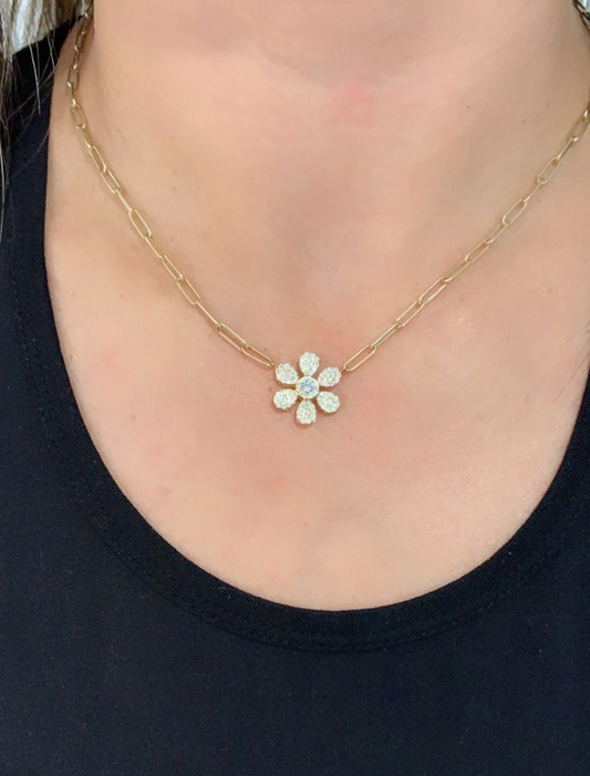 14k Gold Diamond Flower Paperclip Necklace