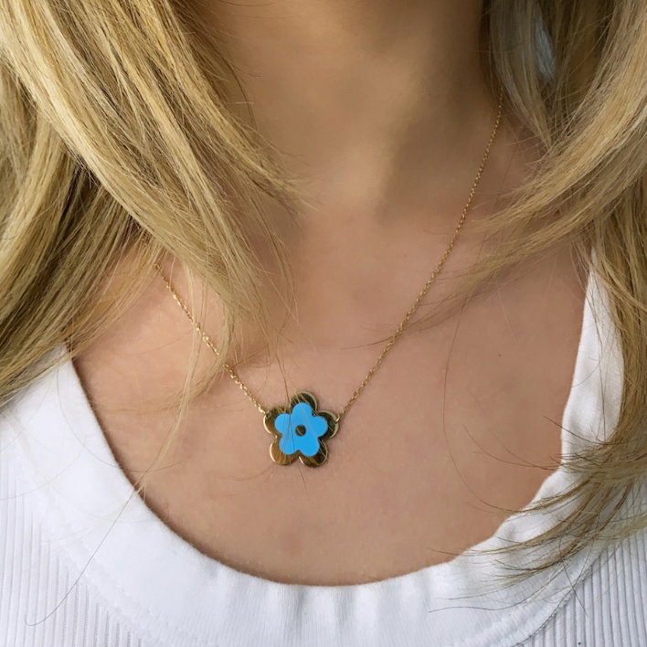 14k Gold Diamond Turquoise Enamel Flower Necklace