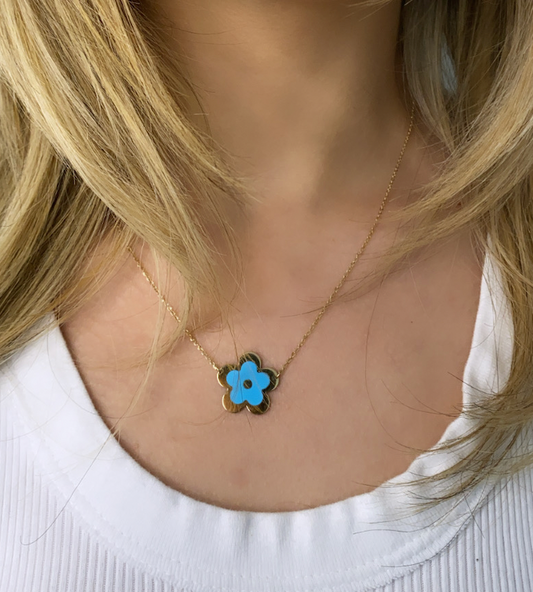 14k Gold Diamond Turquoise Enamel Flower Necklace