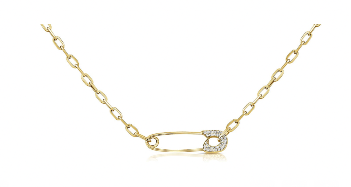 14k Gold Diamond Safety Pin Paperclip Necklace