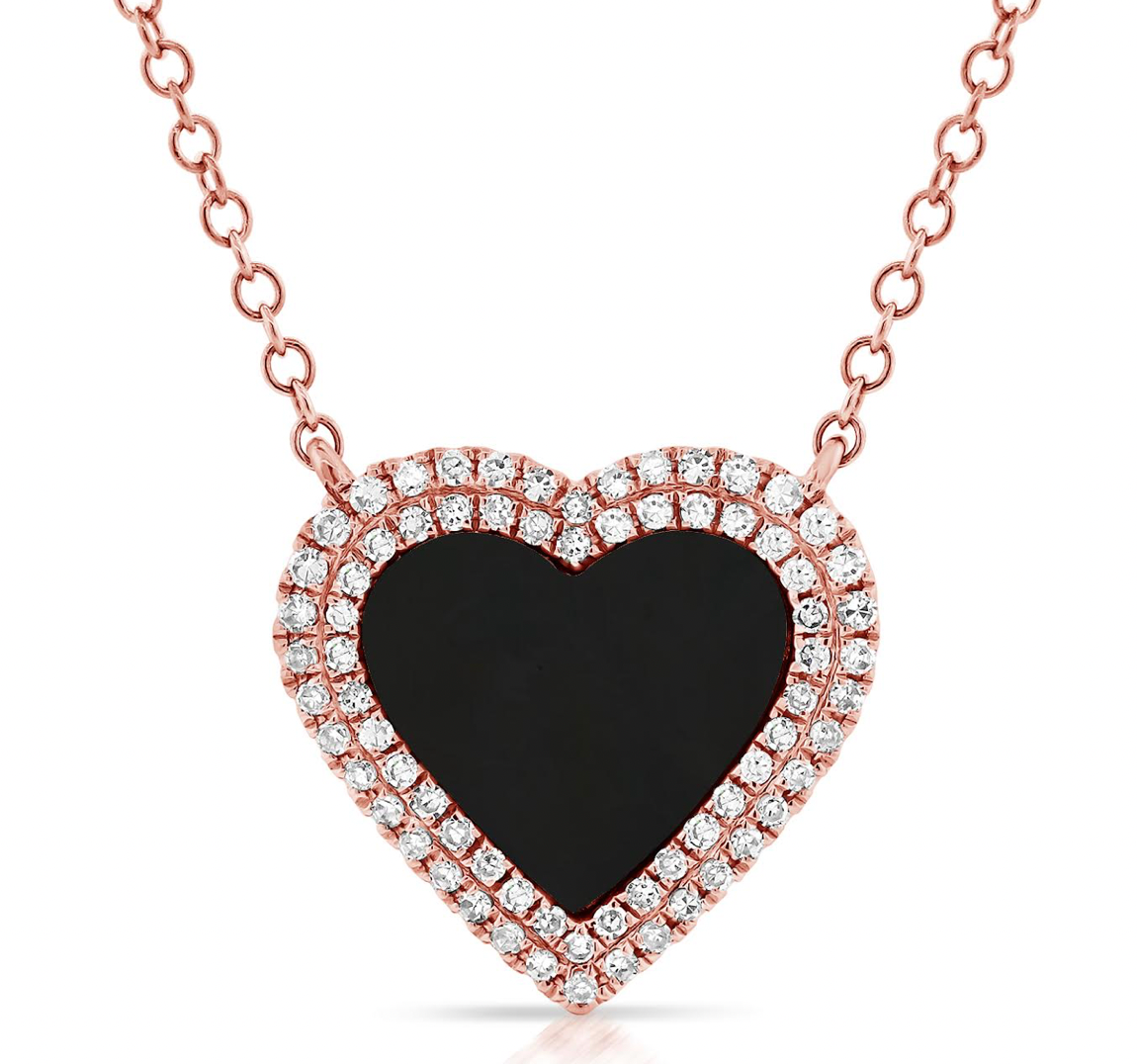 14k Gold Diamond and Onyx Sara Heart Necklace