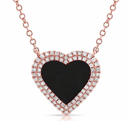 14k Gold Diamond and Onyx Sara Heart Necklace