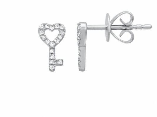 14k Gold Diamond Key to My Heart Studs