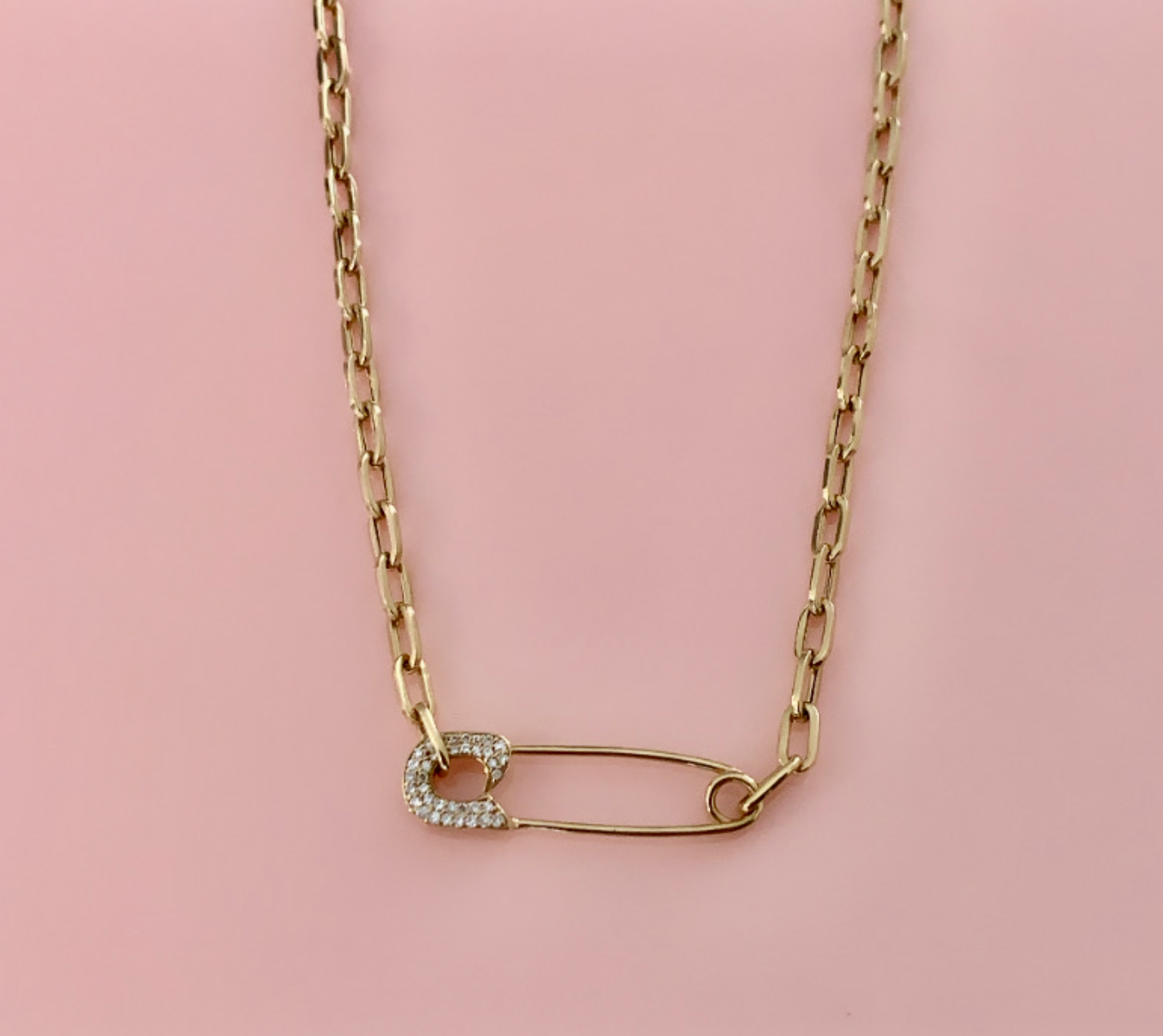 14k Gold Diamond Safety Pin Paperclip Necklace