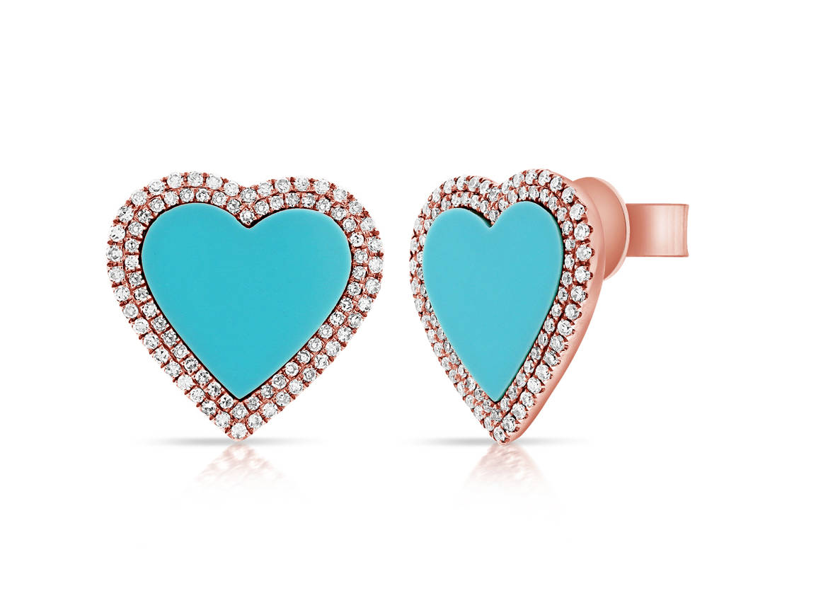 14k Gold Diamond Turquoise Heart Studs