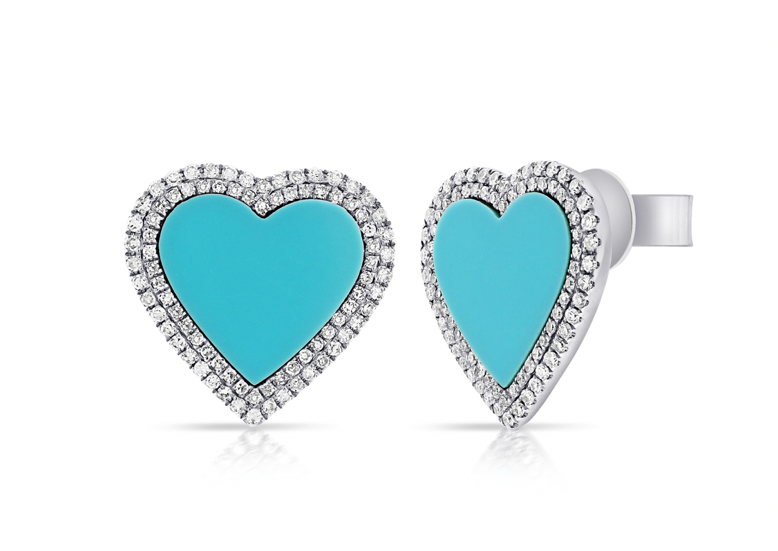 14k Gold Diamond Turquoise Heart Studs