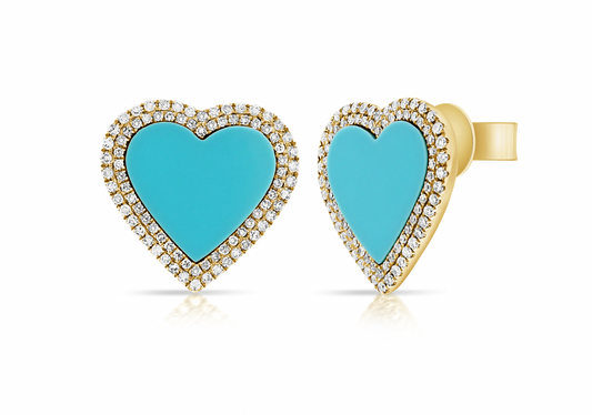 14k Gold Diamond Turquoise Heart Studs