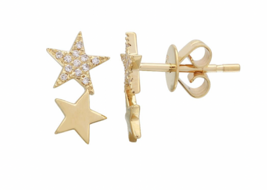 14k Gold Diamond Double Star Stud