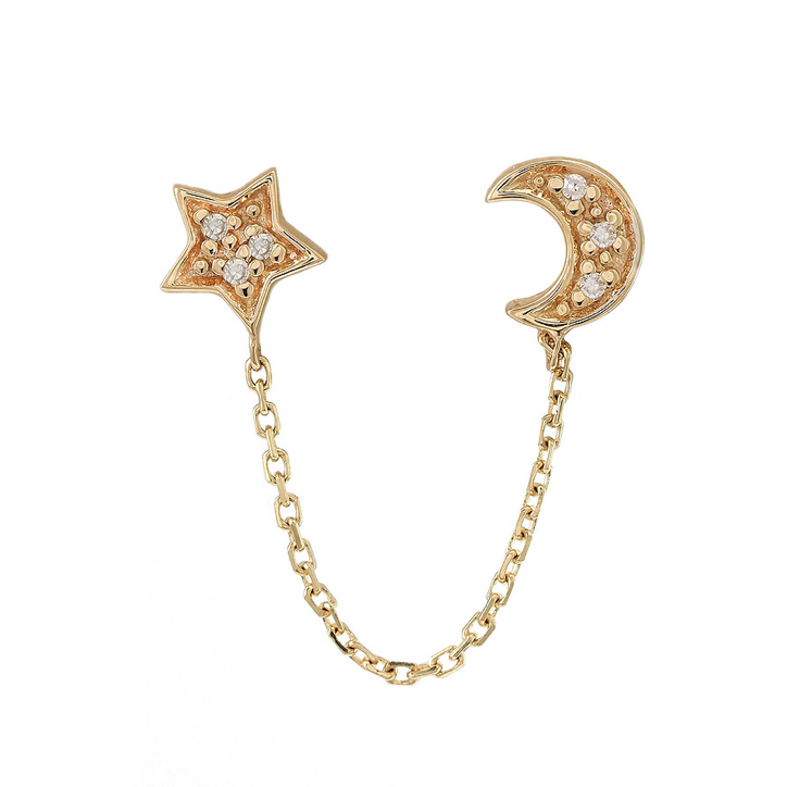 14k Gold Diamond Star and Moon Connected Earring