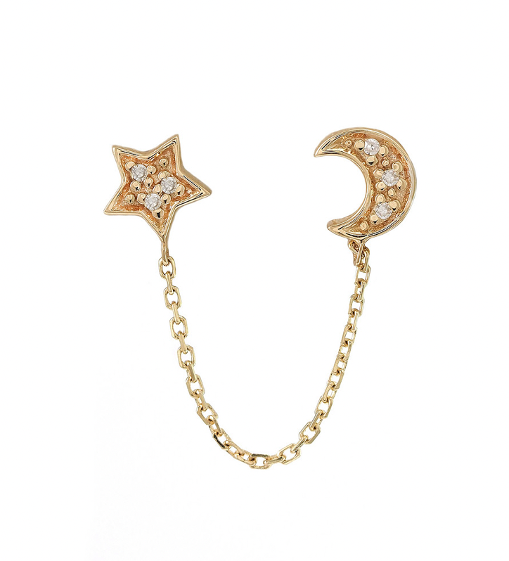 14k Gold Diamond Star and Moon Connected Earring