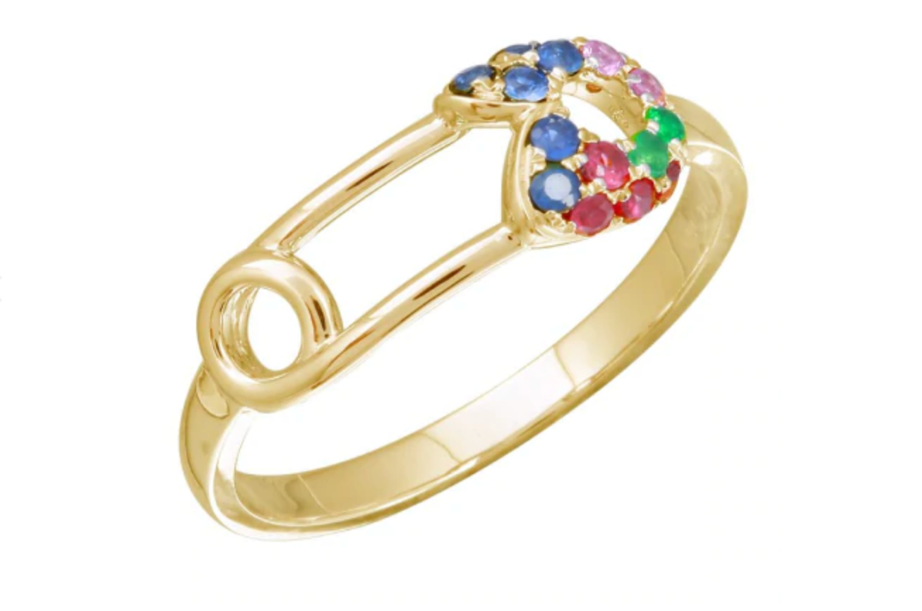 14k Gold Multi Color Stone Safety Pin Ring