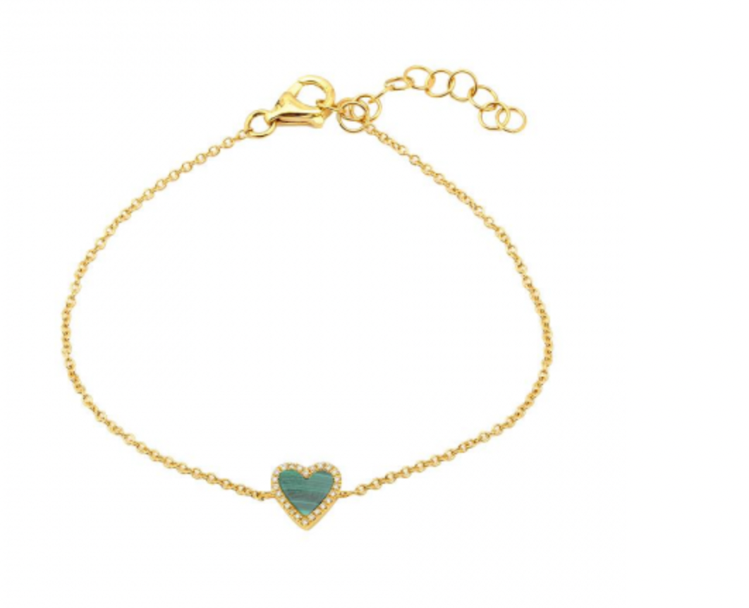 14k Gold Diamond Malachite Heart Bracelet