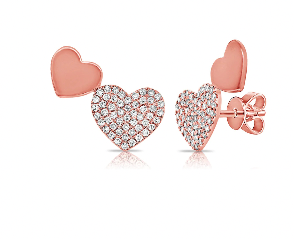 14k Gold Pave Diamond Double Heart Studs