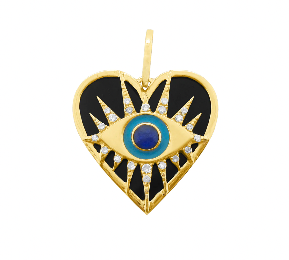 14k Gold Diamond Enamel Evil Eye Heart Charm