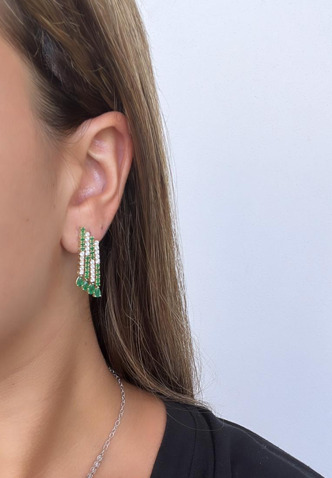 14k Gold Diamond Emerald Hanging Statement Earrings