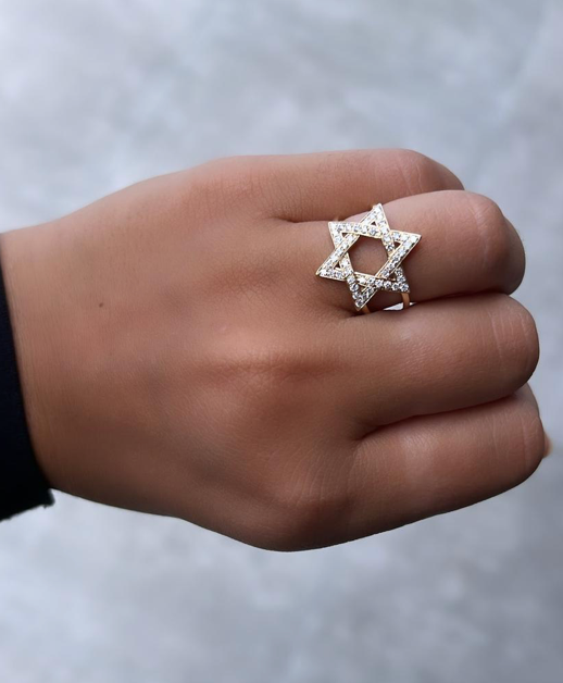 14k Gold Diamond Star of David Ring