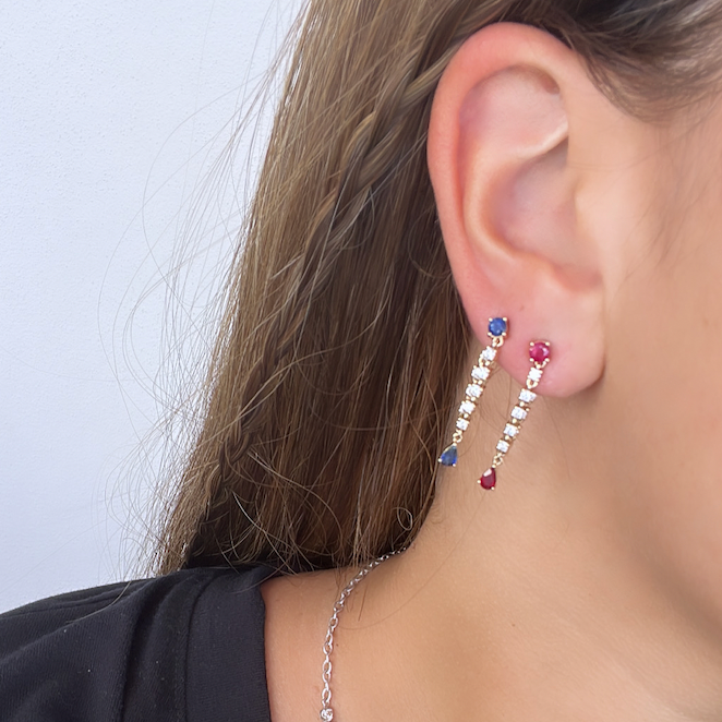 14k Gold Diamond and Precious Stone Hanging Earrings