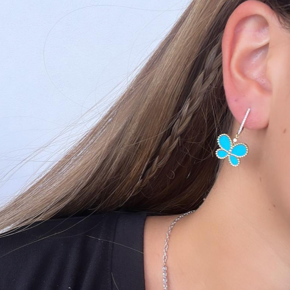 14k Gold Diamond and Turquoise Hanging Butterfly Earrings
