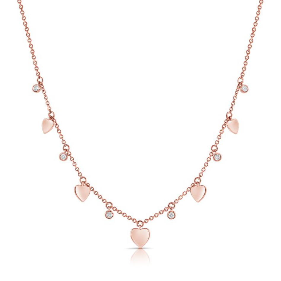 14k Gold Station Hearts and Diamond Necklace
