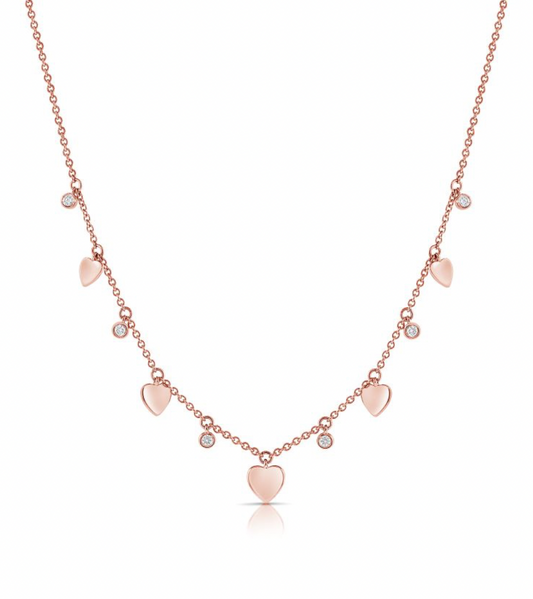 14k Gold Station Hearts and Diamond Necklace