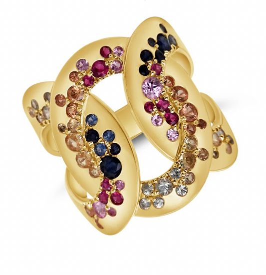 14K GOLD MULTICOLOR STONE GEOMETRIC RING