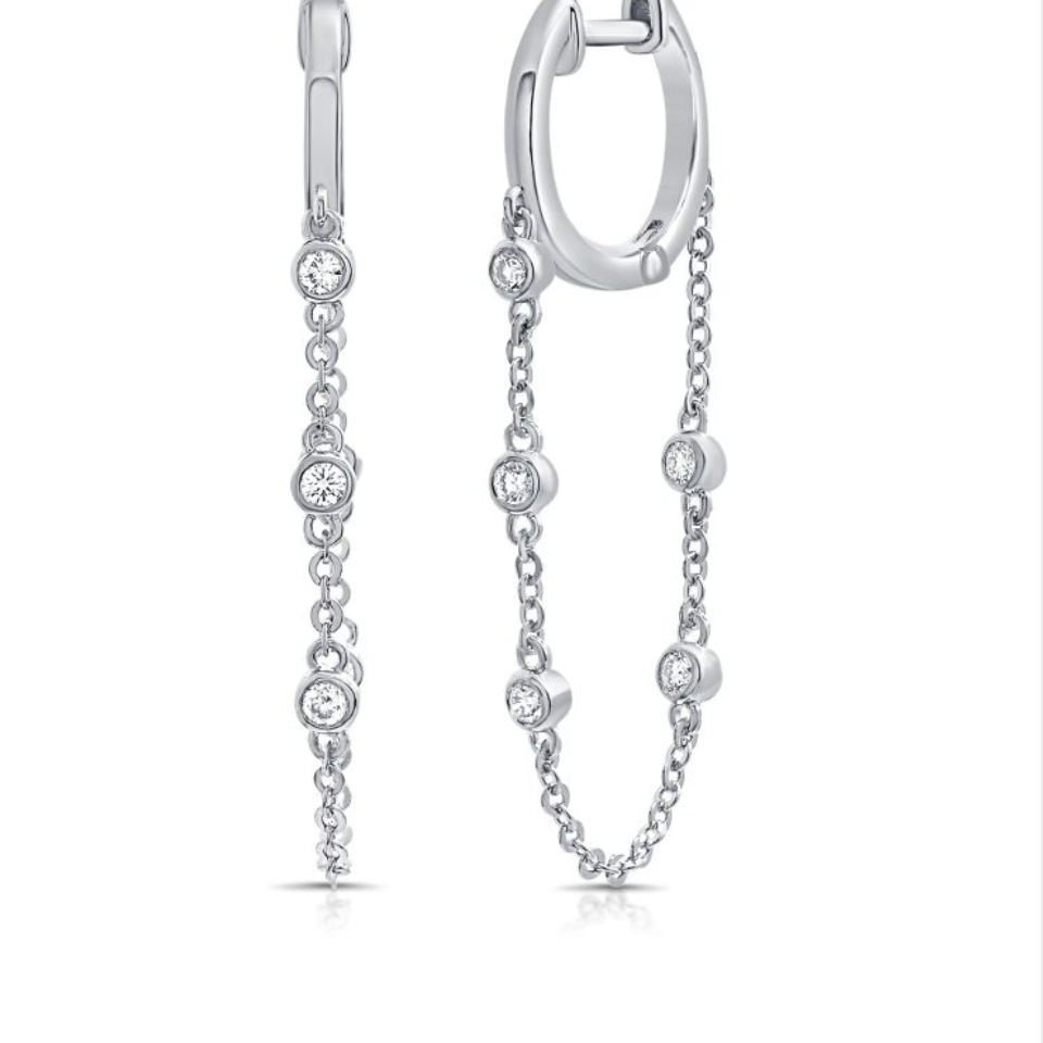 14k Gold Bezel Diamonnd Huggie with Chain
