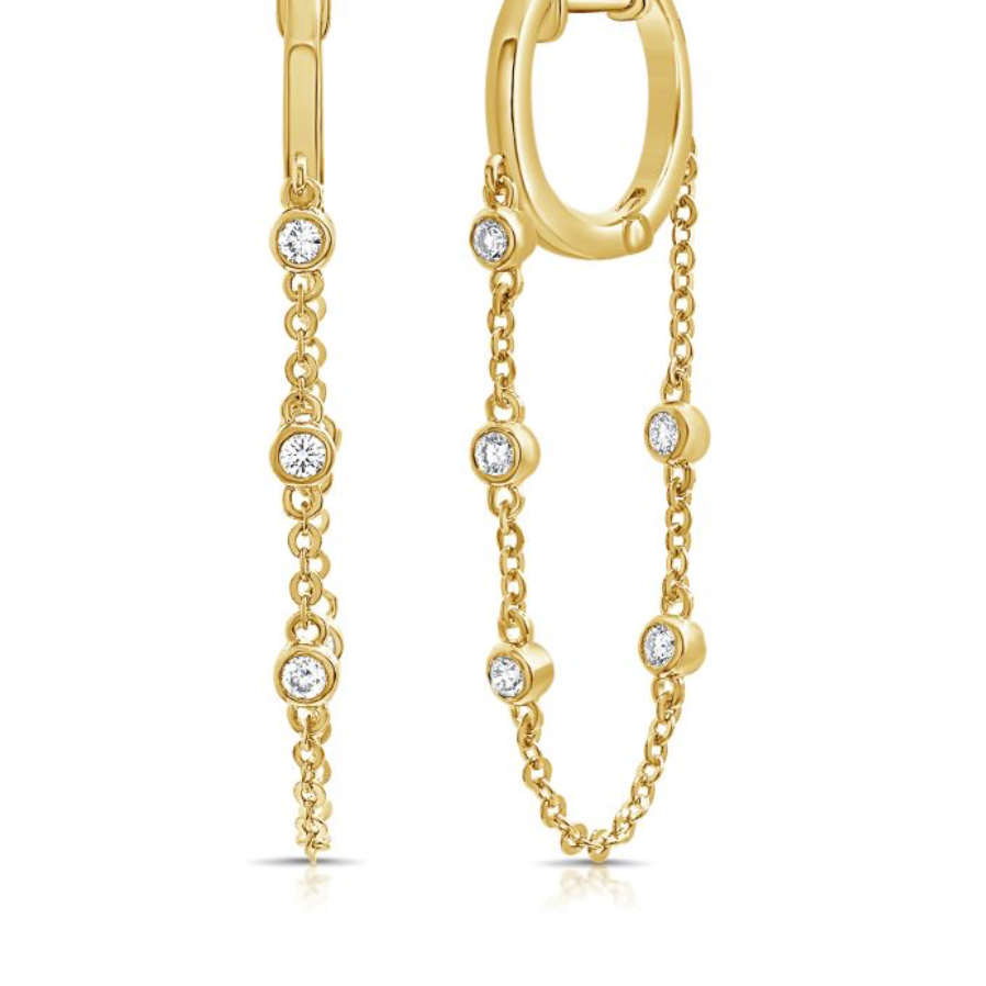 14k Gold Bezel Diamonnd Huggie with Chain