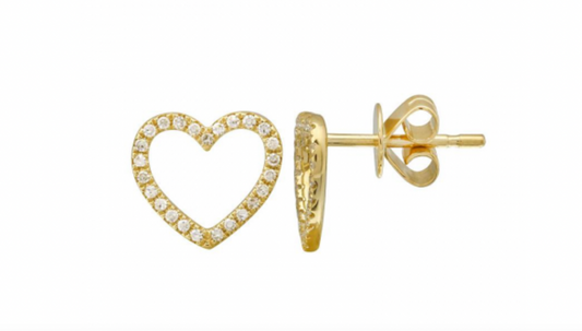 14k Yellow Gold Pave Diamonds Perfect Open Heart Studs