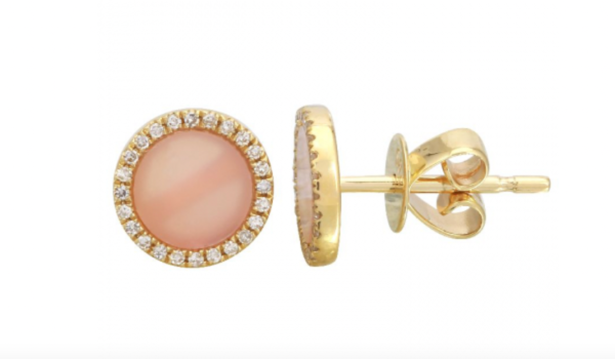 14k Gold Diamond Pink Opal Circle Studs