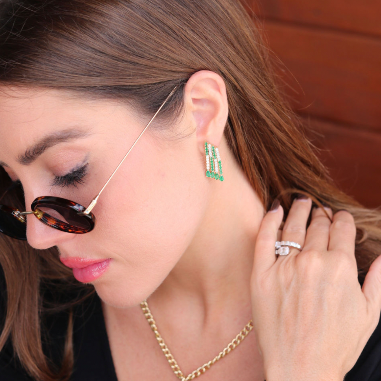 14k Gold Diamond Emerald Hanging Statement Earrings