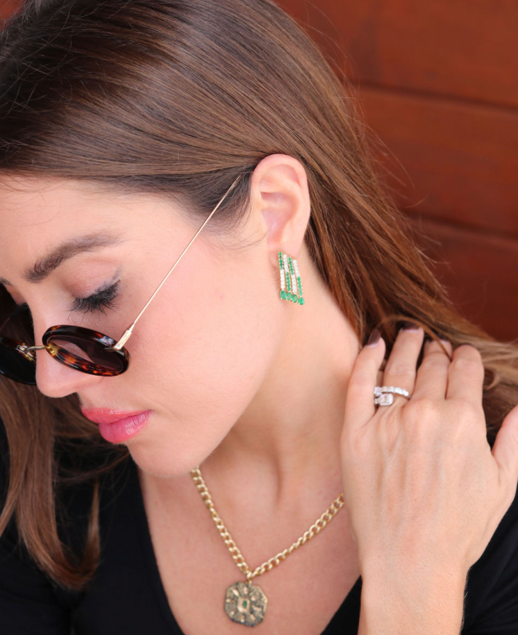 14k Gold Diamond Emerald Hanging Statement Earrings