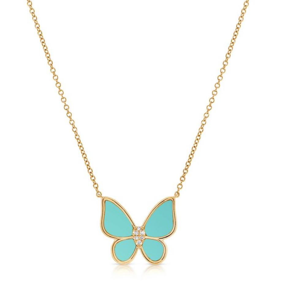 14k Yellow Gold Diamond Turquoise Butterfly Necklace
