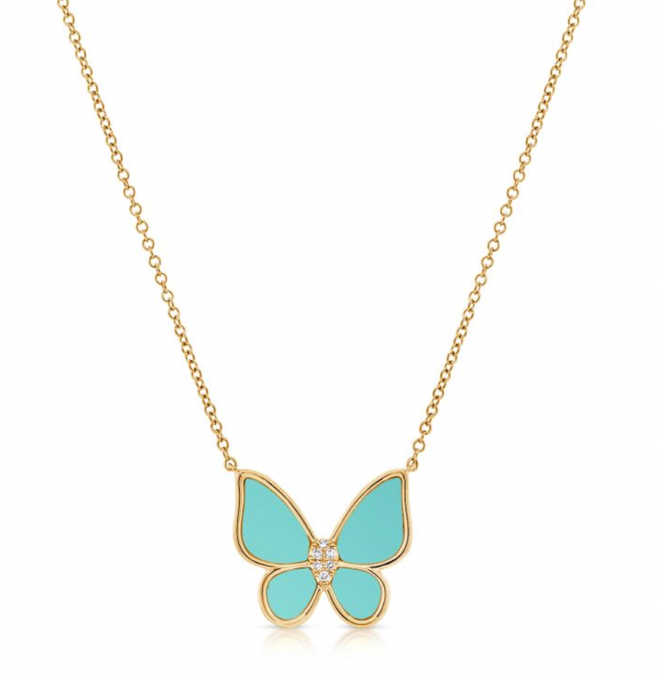 14k Yellow Gold Diamond Turquoise Butterfly Necklace