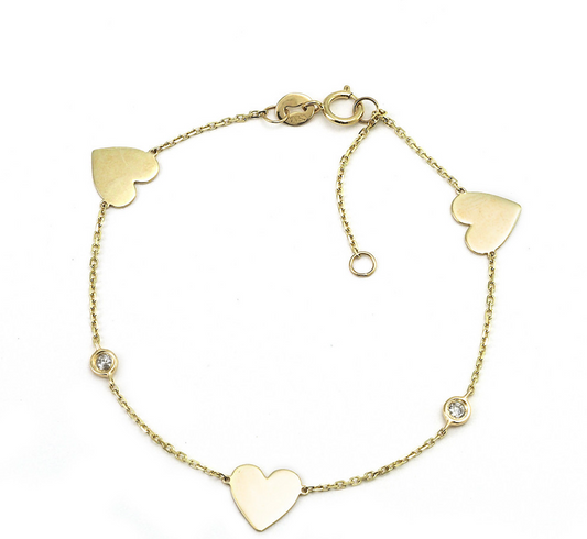 14K YELLOW GOLD HEART AND BEZEL DIAMOND BRACELET