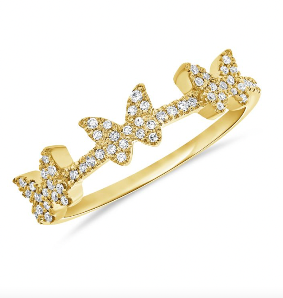 14k Yellow Gold Pave Diamond Butterfly Ring