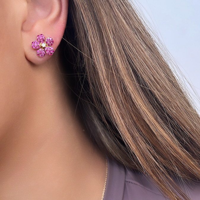 14k Yellow Gold Diamond and Ruby Flower Studs